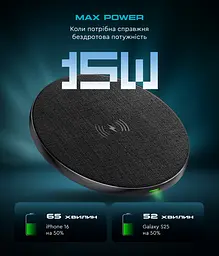 Бездротовий зарядний пристрій Resolute Power AWC-47 Round 15W, чорна, підтримка технології Qi, бездротова зарядка для смартфонів, планшетів та навушників, підходить для iPhone та Android, ArmorStandart (ARM73179) - мініатюра 2