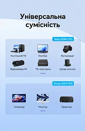 Бездротовий HDMI-комплект Vention 1 передавач TX і 1 приймач RX HDMI-вихід джерела → HDMI-вхід дисплея 1080p 60 Гц до 50 м за прямої видимості 5 ГГц RX потребує USB-C 5 В 2 А TX потребує додаткового USB-C 5 В 2 А за недостатнього живлення від HDMI дублювання/розширення за підтримки ПК синхронізація аудіо й відео без Wi-Fi-мережі та драйверів кнопка TX для від’єднання/повторного підключення у комплекті 2 кабелі USB-A ↔ USB-C по 0,5 м чорний (ADKB0) - мініатюра 5