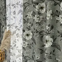 Льняні штори сірого кольору з квітами 150х270 з тюлистом батистовим 400х270 на тасьме ALBO pbe0052611 - мініатюра 3