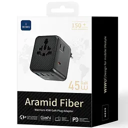 Мережевий універсальний перехідник UA010 Warrior GaN 45W + 2USB-A/3C Black Wiwu teh0030543 - мініатюра 3