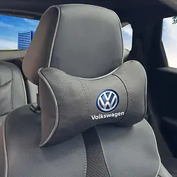 Подушка на підголівник з логотипом Volkswagen Екошкіра 3D Кольоровий лого Чорна-Сірий кант 1 шт