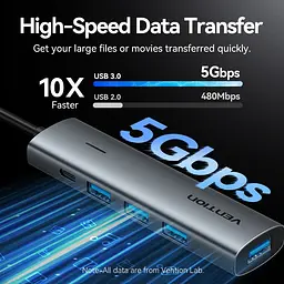 Хаб USB 3.0 Type-C -> 4xUSB 3.0/1xUSB-C, 5Gbps, Чорний Vention - мініатюра 6
