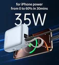 УМБ Choetech 10000mAh 35W PD3.0 USB-C In/Out, with buid-in type-C cabel голуба - мініатюра 7