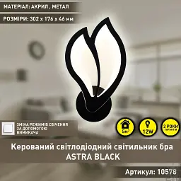 Керований cвітлодіодний світильник бра ASTRA 12 Вт 302x176x46 мм Чорний ESLLSE - мініатюра 2