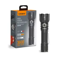 Ліхтар ручний Videx A376, Black, 3600 Лм, 5000K, до 300 м, 8 режимів роботи, лінзи із загартованого скла, світлодіод Cree XHP50.2 (20 Вт) / 2xCree XPE (3 Вт), акумулятор (Li-ion 21700 4000mAh), Type-C, IP68 (VLF-A376)