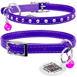 Нашийник для котів Waudog Glamour шкіряний з еластичною вставкою та стразами 22-30х0.9 см фіолетовий - мініатюра 3