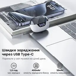 Бездротові навушники Choetech BH-T60 White TWS, Bluetooth 5.3, ANC+ENC, LED-дисплей (43-00135) - мініатюра 10