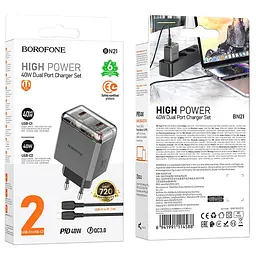 МЗП BN21 Lena PD40W+QC3.0 (2USB-C) + кабель Type-C to Lightning Metal gray Borofone teh0029627 - мініатюра 2