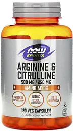 Аргінін та цитрулін Now Foods Arginine & Citrulline Sports 500 мг/250 мг 120 вег капс