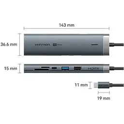 Док-станція USB3.2 Type-C - HDMI 60Hz/USB 3.0x2/RJ45/SD/TF/3.5mm/PD 100W Hub 9-in-1 Vention (TGVHB) - мініатюра 8