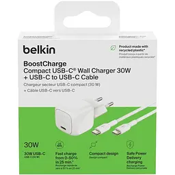 Мережевий зарядний пристрій Belkin Boost Up Charge Compact 30W + Cable USB-C to USB-C White (WCA008KQ1MWH-B6) [158909] - мініатюра 7
