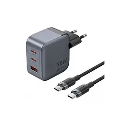 Зарядний пристрій Vention 2xUSB-C PD 70 Вт + 1xUSB QC 3.0 22.5 Вт GaN + кабель USB-C — USB-C 1.0 м чорно-сірий (TZ-FEXH0-EU)