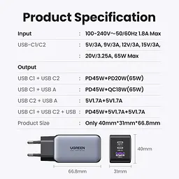 Зарядний пристрій блок живлення 3 порти Ugreen Nexode 65 W GaN II 2*Type-C + 1*USB (2C1A) 8823366 - мініатюра 9