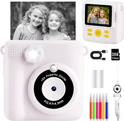 Дитяча цифрова фотокамера з моментальним друком 8MP Kids Instant Print Camera ABS-681 біла 1080P для дітей 3-10 років