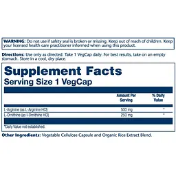 Аргінін + орнітин Solaray L-Arginine L-Ornithine 750 мг 50 веганських капсул - мініатюра 2