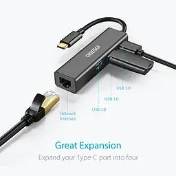 Хаб USB 3.1 -> 3хUSB 3.0+RJ45(1000M) Ethernet 4 in 1 Hub Choetech - мініатюра 2