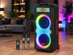 Портативна акустика ZXX-1510 / Караоке колонка 100 Вт / Переносна акустична колонка з LED-підсвічуванням + 2 мікрофони / Подвійна 10-дюймова акустична переносна колонка