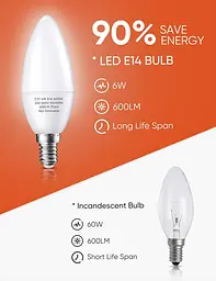 Світлодіодна лампа-свічка Plusluck E14, холодний білий колір, 6000 К, 6 Вт 600Lumens, еквівалент галогенних ламп 60 W - мініатюра 2