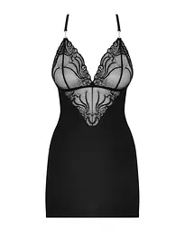 Сатиновий комплект для сну з мереживом Obsessive 828-CHE-1 chemise & thong S/M, чорний, сорочка, стр - мініатюра 5