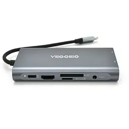 Хаб-конвертор Veggieg TC10-U Type-C (тато) на Type-C (мама) + USB3.0 * 3 (мама) + HDMI (мама) + VGA (мама) + SD / TF + RJ45, 10 см, Silver, Box