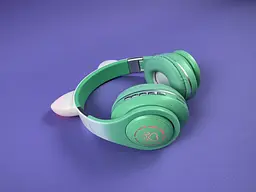 Навушники бірюзові Bluetooth з вушками котика C64092, з підсвіткою, мікрофоном, картою пам'яті та AUX, 400 mAh - мініатюра 2