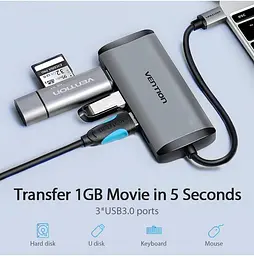 USB-хаб Vention Type-C to HDMI/USB3.0*3/PD Converter 0.15M Gray Metal Type (CNBHB) (CNBHB) - мініатюра 4