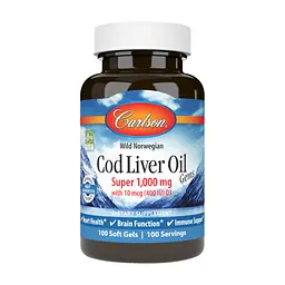 Жирні кислоти Carlson Жир із печінки Норвезької Тріски, 1000 мг, Cod Liver Oil, 10 (CAR-01301)