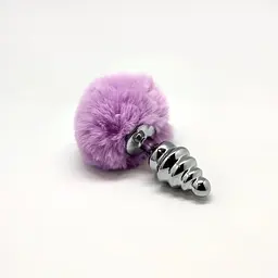 Металева анальна пробка Кролячий хвостик Alive Fluffy Twist Plug M Purple діаметр 3.4 см - мініатюра 2