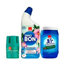 Набір Sano Бачок для миття унітазу Green, Гель для чищення унітазів Sanobon Gel Lotus, Універсальний гель Jet+ Gel з олією сосни (935833, 352153, 993277)
