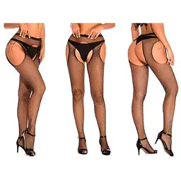 Колготки з вирізами та стразами еротичні блискучі Very Sexy One size чорний - мініатюра 6