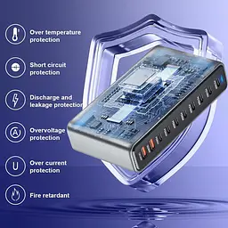 Мережева зарядна станція ILEPO 1000W на 2 USB+8 Type-C мультизарядний пристрій потужний блок живлення Black (19340) - мініатюра 3
