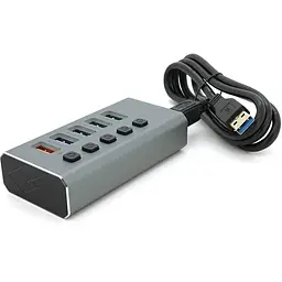 Хаб USB 3.0, 4 порти USB 3.0 + 1 порт QC3.0, з перемикачами на кожен порт, DC5V3A, Black, BOX