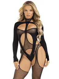 Бодістокінг 2 в 1 Leg Avenue Bodystocking with cutout teddy, One Size, чорний, панчохи-сітки і тедді - мініатюра 3