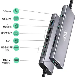 USB-хаб XON SmartHub 9 в 1 (HDMI, 3.5 Audio, SD/TF, 2xType-C, 3xUSB3.0) Сірий (UHCHP095300G 5245) - мініатюра 7