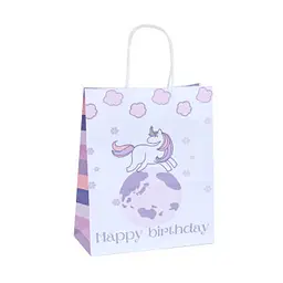 Пакет крафтовий 16x22x8 см, Білий з Єдинорогом та написом "Happy birthday"