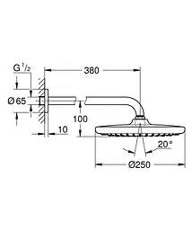 Верхній душ з душовим кронштейном 380 мм, 1 режим струменя Grohe Tempesta 250 266682430, Чорний матовий - мініатюра 6