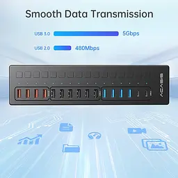Розумний USB hub Acasis DS-516PB на 16 портів USB-C/USB 5 Гбіт/с розгалужувач з живленням від мережі (Чорний) - мініатюра 5