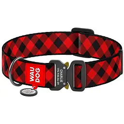 Нашийник для собак Waudog Nylon Шотландка червона, з QR паспортом, металева пряжка-фастекс, XXL, 43-70х3,5 см