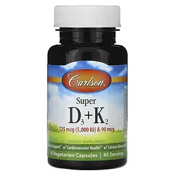 Витамин D3+K-2 Super D3+K2 5000IU/90mcg 45 растительных капсул Carlson vit0006380