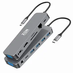 USB-хаб XON SmartHub 13 в 1 (Ethernet, VGA, 2xHDMI, 3.5 Audio, SD/TF, 2xType-C, 2xUSB3.0, 2xUSB2.0) Сірий (XUCHP134322G 5290)