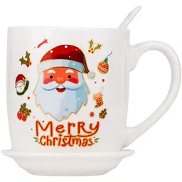 Чашка новорічна Elisey 9150-005-3 Merry Christmas керамічна з ложкою та блюдцем 350 мл Біла