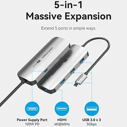 Док-станція USB3.1 Type-C - HDMI 60Hz/USB 3.0x3/PD 100W 5-in-1 Vention (TQDHB) - мініатюра 5