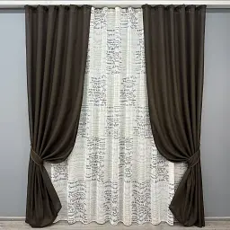Комплект штор с тюлем VR-Textil Лен Мешковина, венге с белым, 2 шторы 100×270 см + тюль 300×270 см, арт. 71-062/1