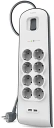 Подовжувач мережевий 2м 8хТип 16А 2xUSB-A 2.4A фільтр білий Belkin osv0002151