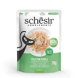 Натуральні консерви для котів Schesir Chicken with Seabass ШЕЗІР ФІЛЕ КУРКИ З МОРСЬКИМ ОКУНЕМ в желе, пауч 70 г