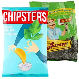 Набір: чипси Chipster's зі смаком сметани та зелені 100 г + насіння соняшника Сан Санич смажене солоне 100 г