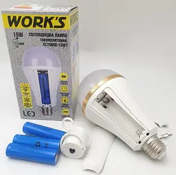 Світлодіодна LED-лампа акумуляторна 3600 mAh (знімні 3 × 18650) автономна аварійна 15 W лампочка з кнопкою вимикачем цоколь E27 WORK’S - мініатюра 1
