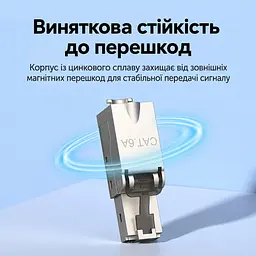 Модульний мережевий штекер Vention конектор RJ45 Cat.6A FTP до 10 Гбіт/с із закріпленням жил без інструментів для жил 23–26 AWG багаторазового використання з укладачем жил T568B з отворами для окремих жил діаметром 1,6 мм із захисним хвостовиком для підрізання під діаметр кабелю із позолоченими контактами сріблястий із напівпрозорими темно-сірими елементами (IDIH0) - мініатюра 12