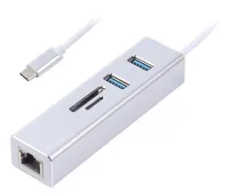 Хаб USB Maxxter NECH-2P-SD-01, сріблястий, Type-C 3.1 - 2xUSB 3.0/GLan/microSD/SD, кабель 17 см, алюмінієвий корпус