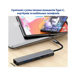 Концентратор Dynamode 7-in-1 USB-C to HDTV 4K/30Hz, 2хUSB3.0, RJ45, USB-C PD 100W, SD/MicroSD (BYL-2303) - мініатюра 7